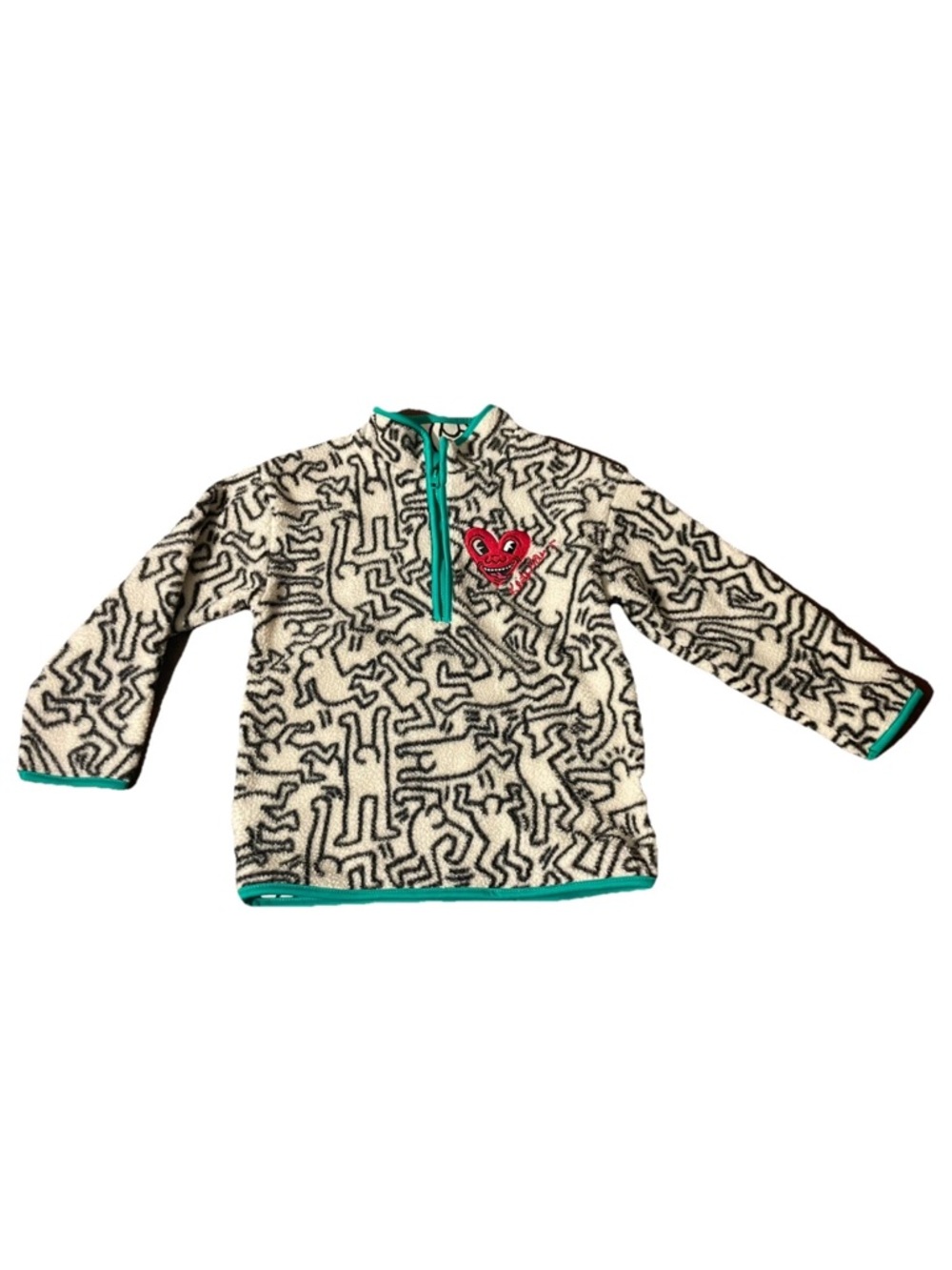 H&M Keith Haring Kids Small 6x/7 1/4 Zip Fleece Sweatshirt Heart Pullover EUC
